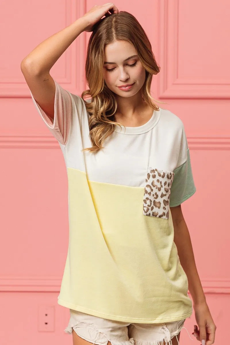 BiBi Leopard Front Pocket Ft Color Block Crew Neck Top