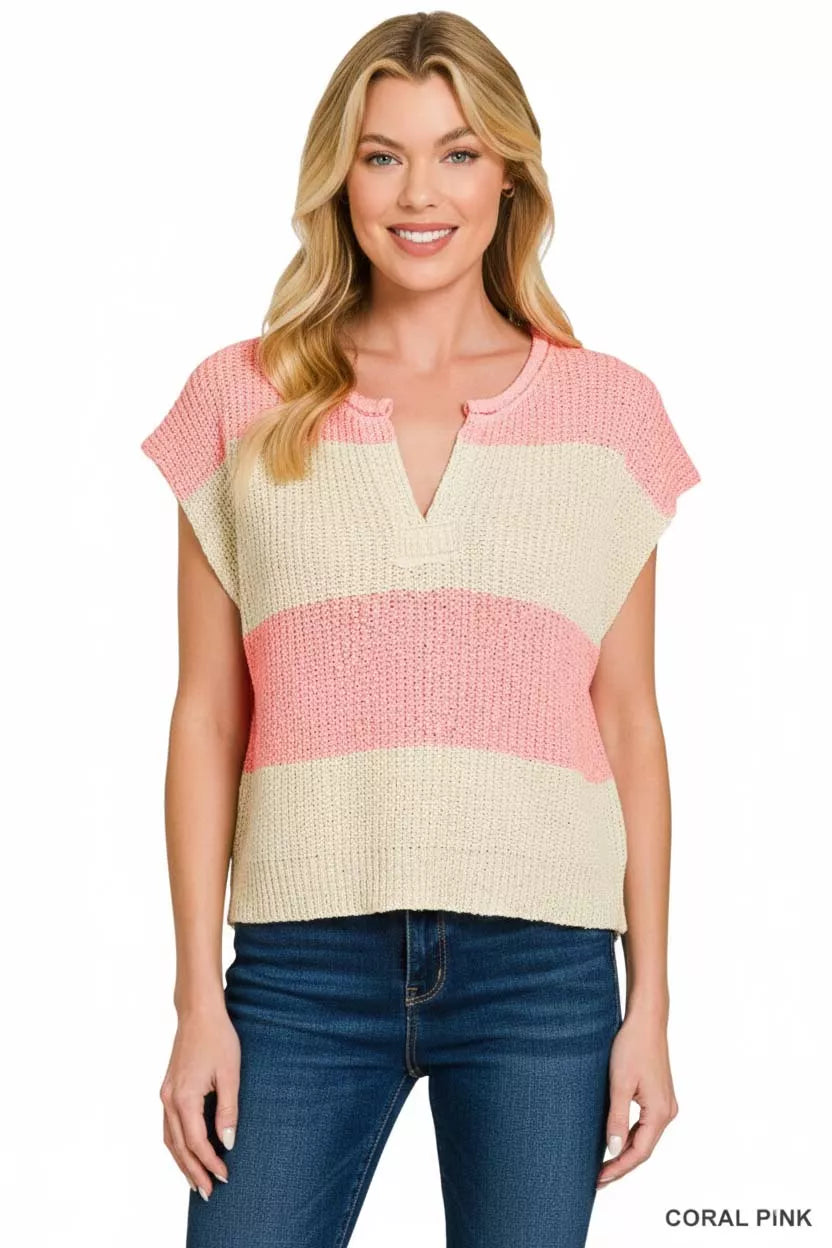 Zenana Split Neck Sleeveless Stripe Sweater