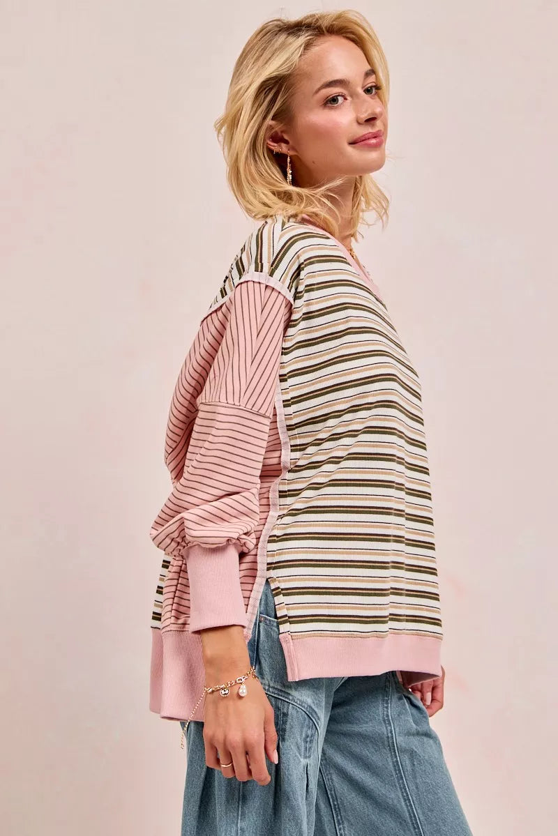 BiBi Stripe Mixed Top With Cut Edge And Reverse Outseam