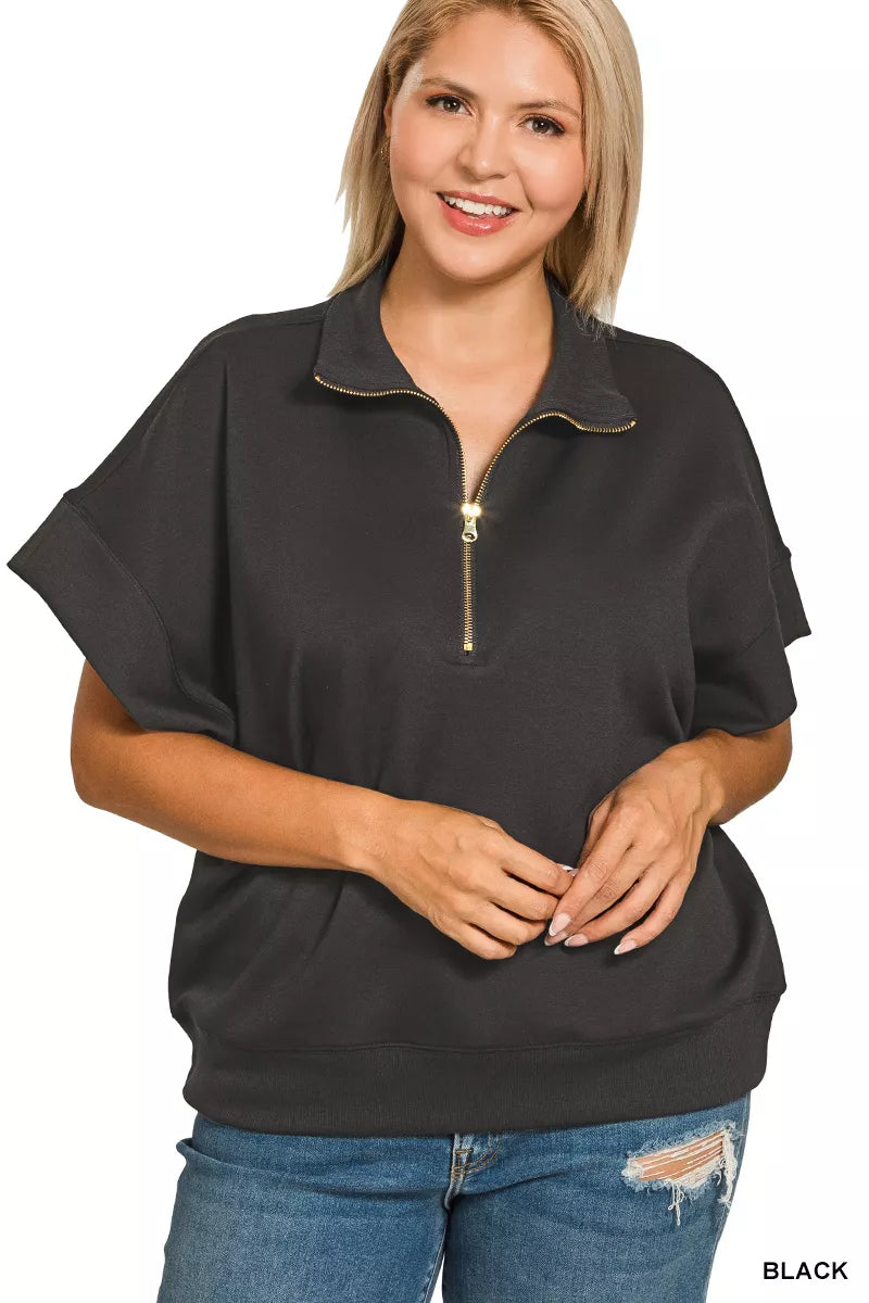 Zenana Full Size Scuba High Neck Half Zip Short Sleeve Top Plus Size
