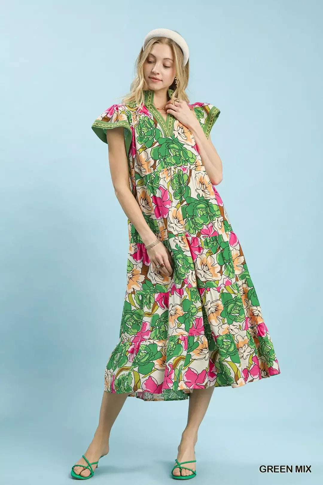 Umgee Mix Bold Floral Tiered Midi Dress