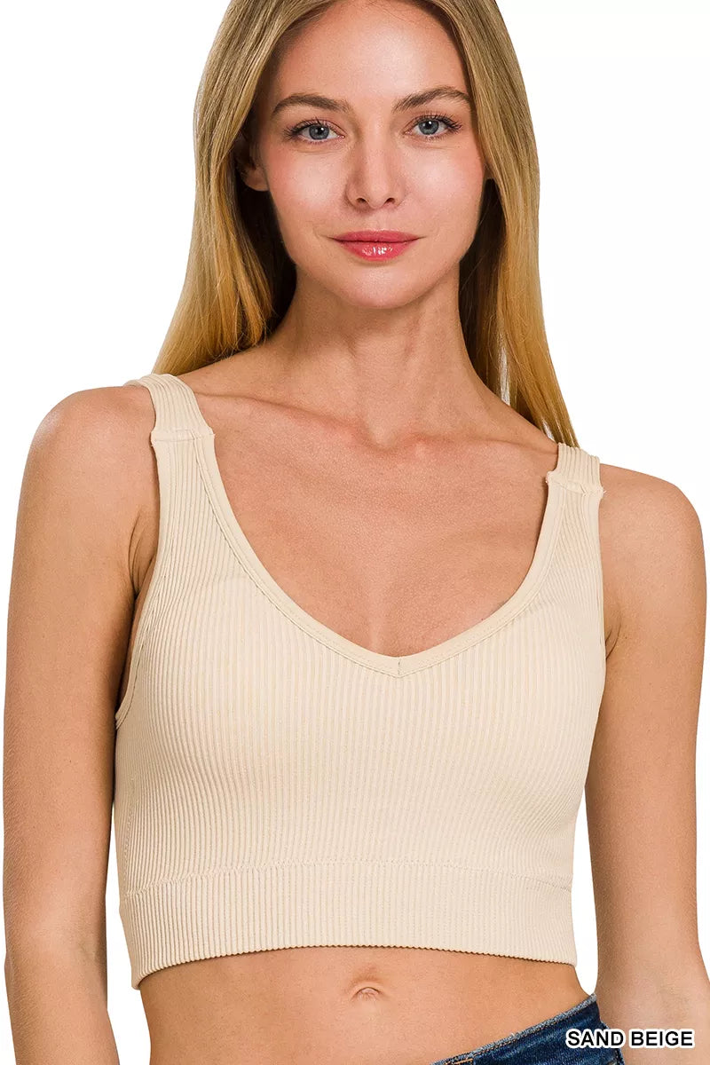Zenana Seamless Ribbed Cropped Bra Padded V-Neck Tank