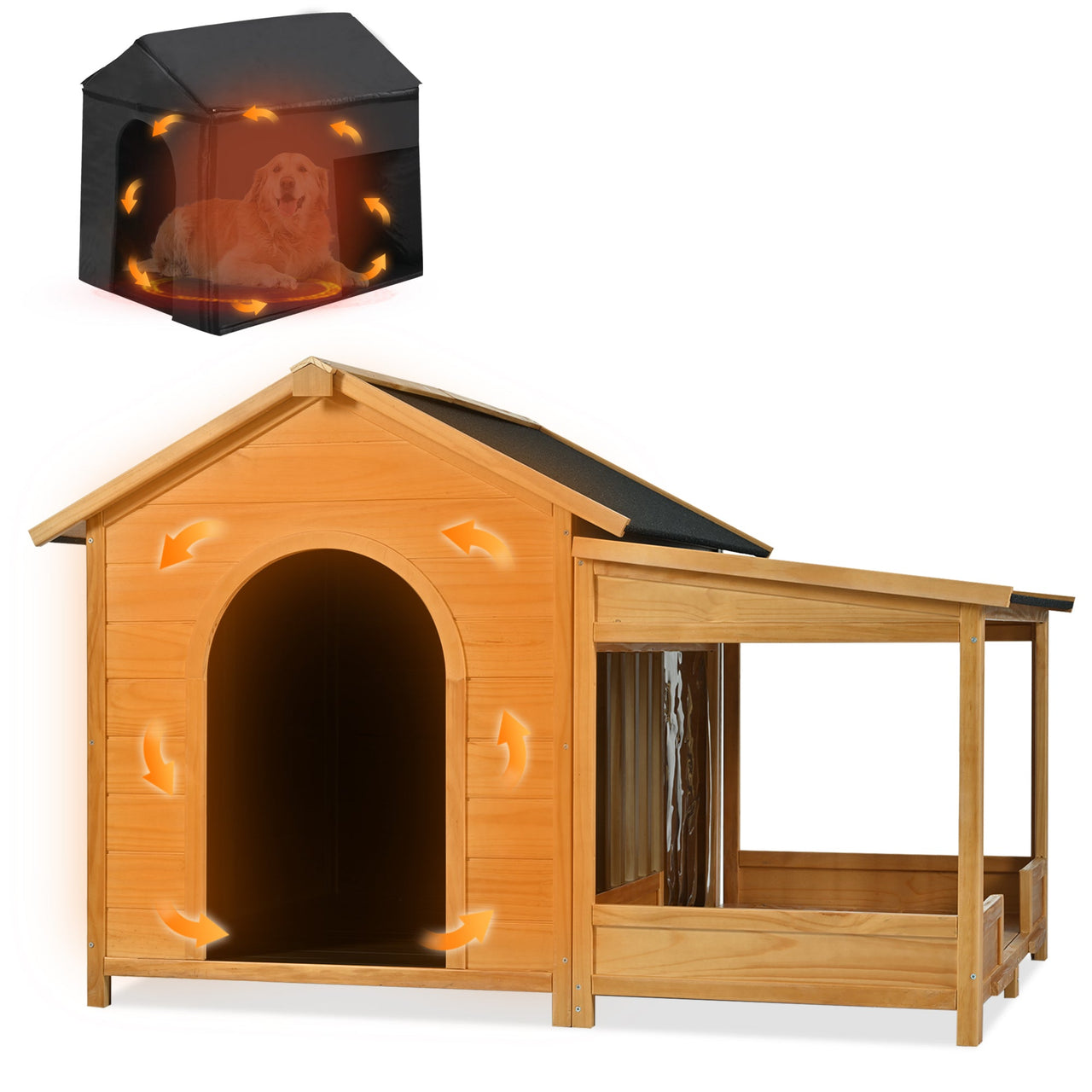 60.2' Large Outdoor Dog House with Insulated Liner for Winter Waterproof Dog Kennel for Medium & Large Dogs, Dog House with Porch and Asphalt Roof and Elevated Floor, Nature
