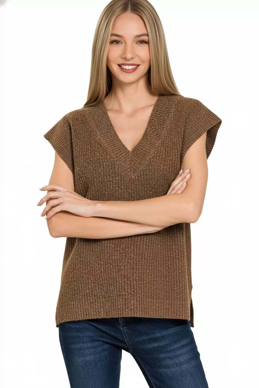 Zenana Ribbed Slit V-Neck Sweater Vest