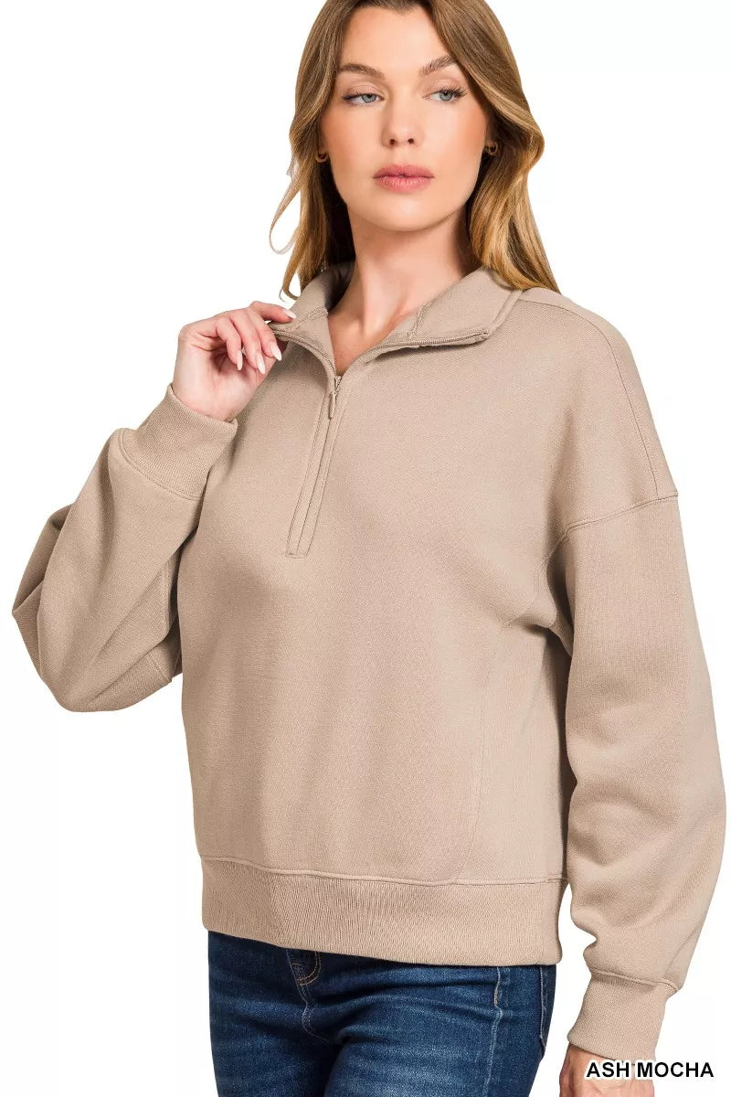 Zenana Fleece High Neck Half Zip Sweatshirt