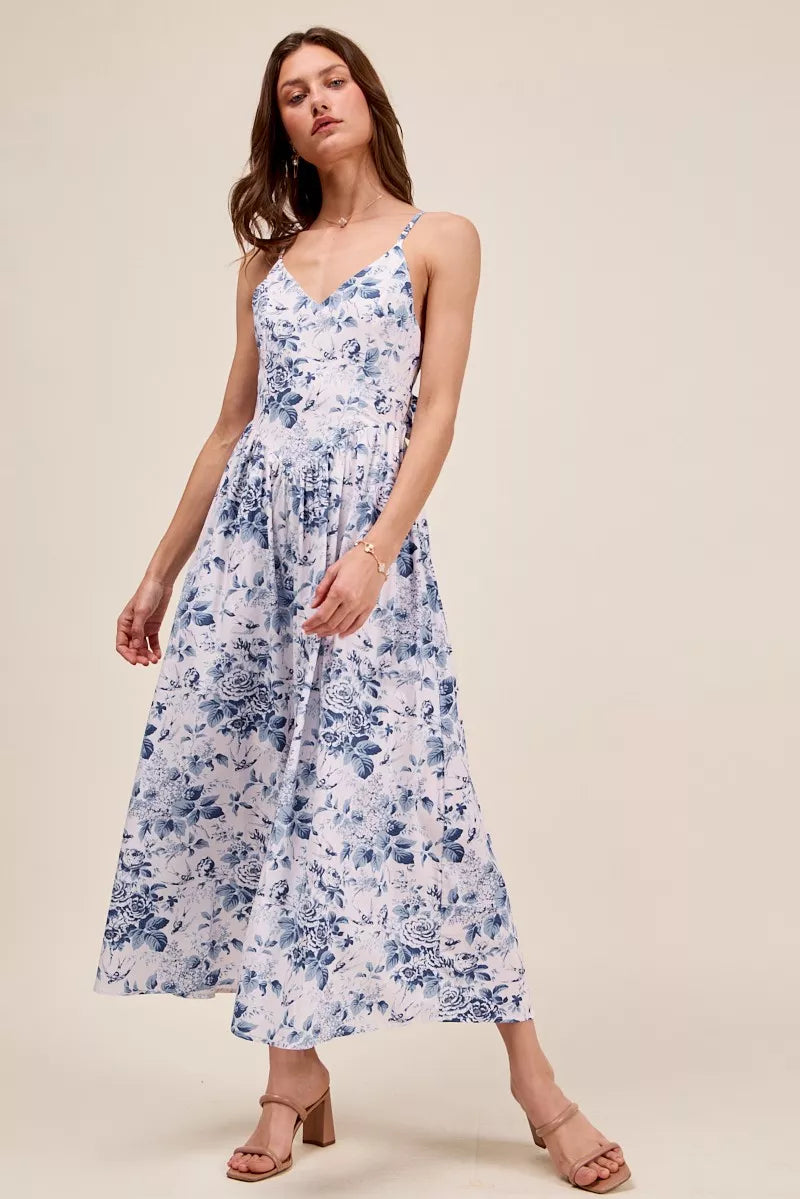 SO ME Floral Woven V Neck Dress With Back Ribbon Tie