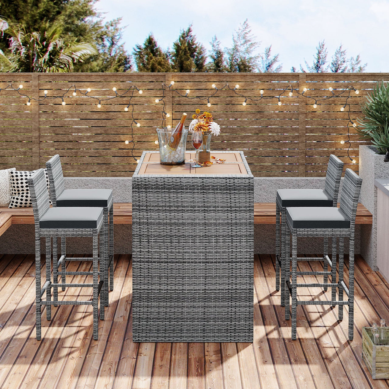 5-piece Outdoor Patio Wicker Bar Set, Bar Height Chairs With Non-Slip Feet And Fixed Rope, Removable Cushion, Acacia Wood Table Top, Brown Wood And Gray Wicker
