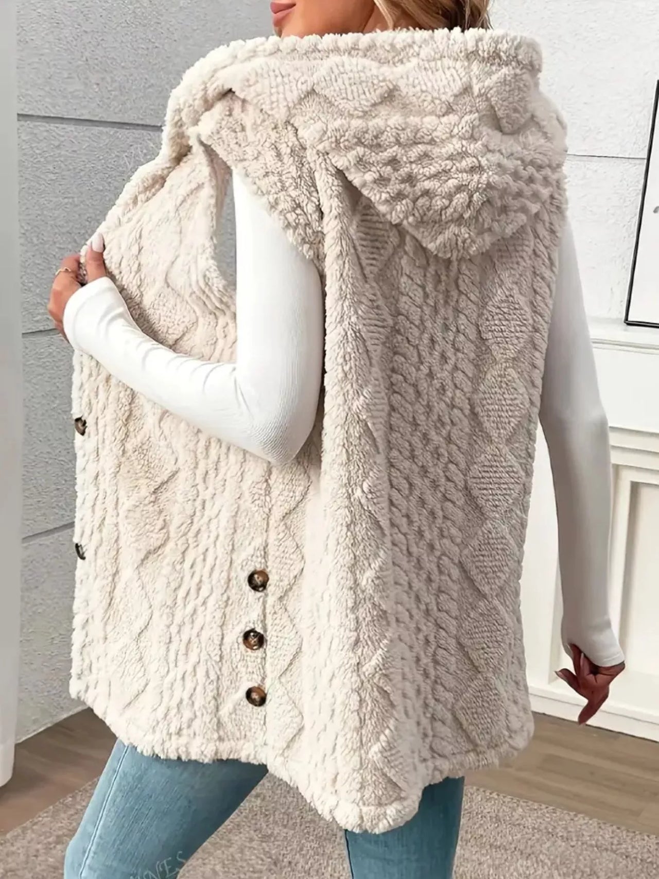 Button-Down Sherpa Hooded Vest Coat