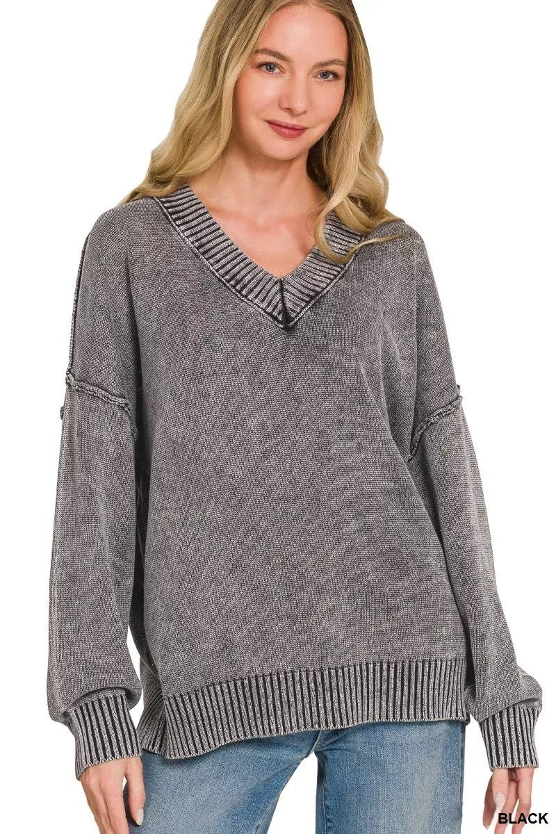 Zenana Washed Deep V-neck Oversized Sweater