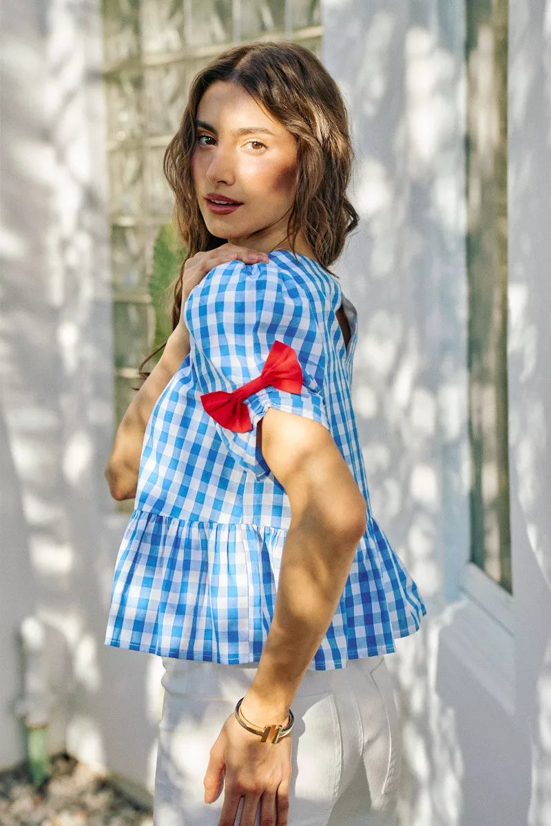 SO ME 4th Of July Gingham Ribbon Detail Short Sleeves Blouse