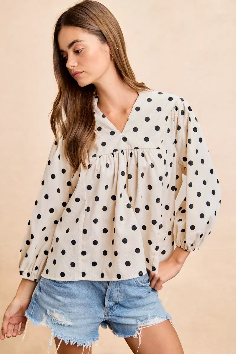 BiBi Polka Dot Corduroy Quarter Sleeves V Neck Blouse