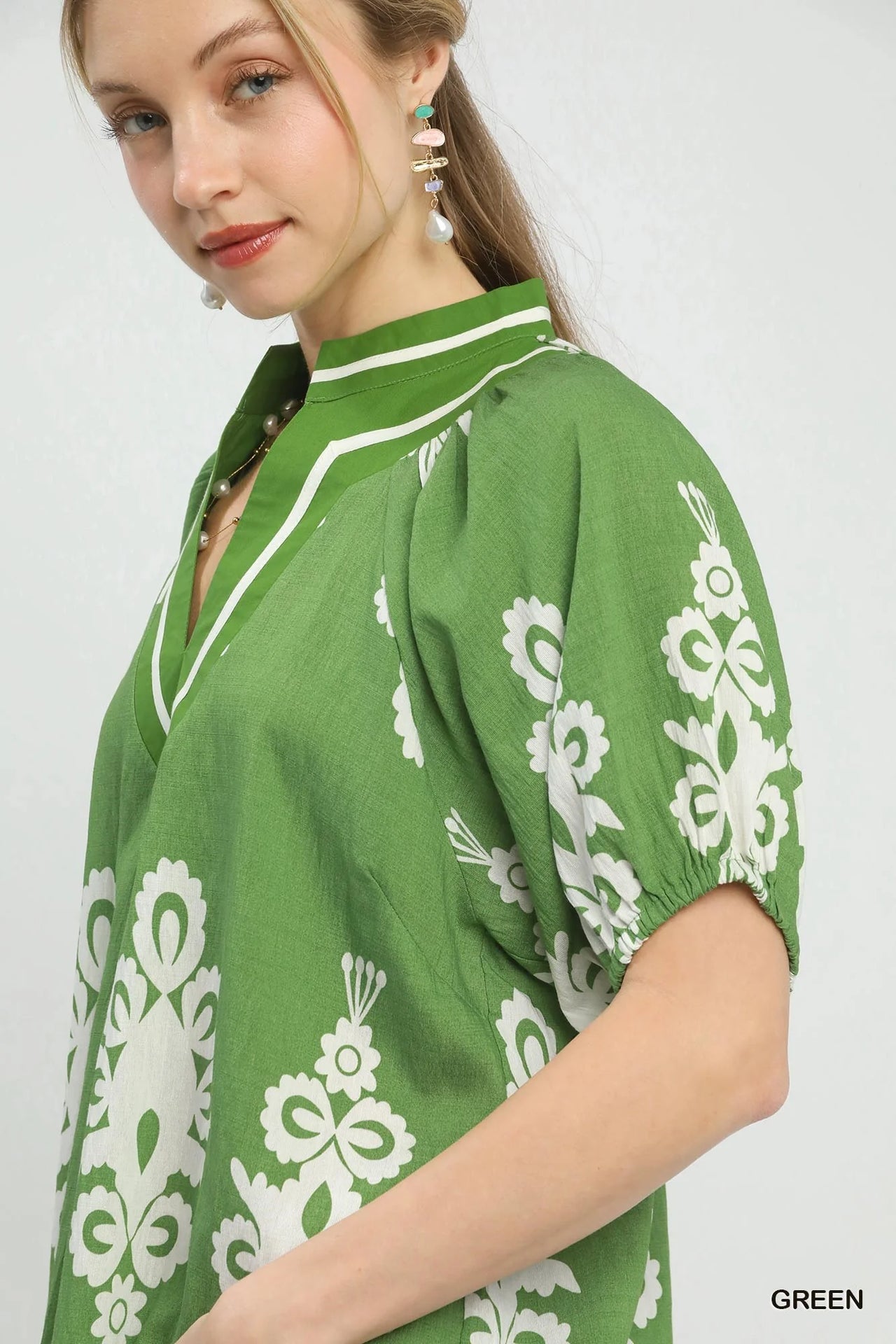 Umgee Boho Print Split-Neck Short Sleeve Top