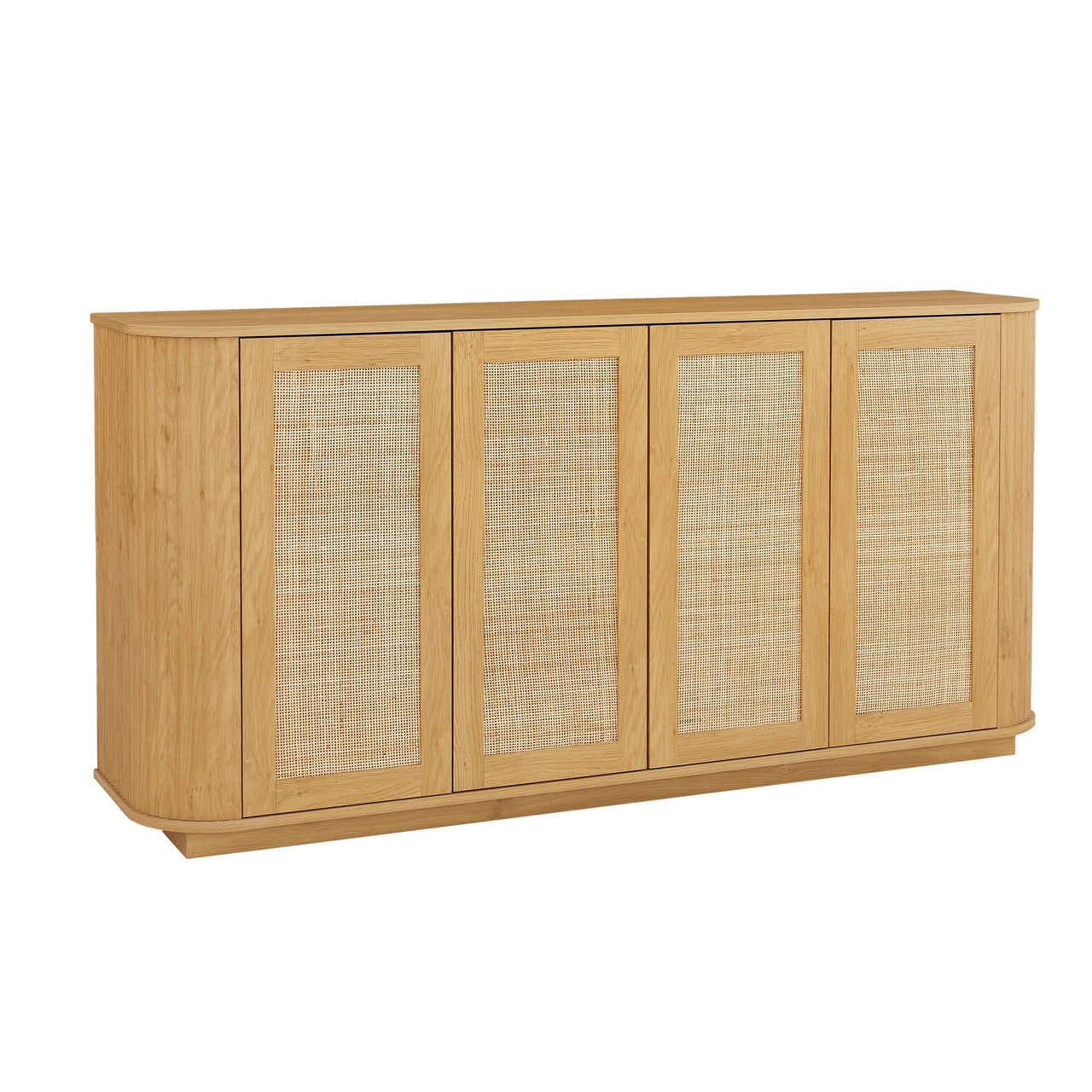 Contemporary Wave Shaped 64-Inch TV Stand with Rattan Doors in Natural Wood Finish