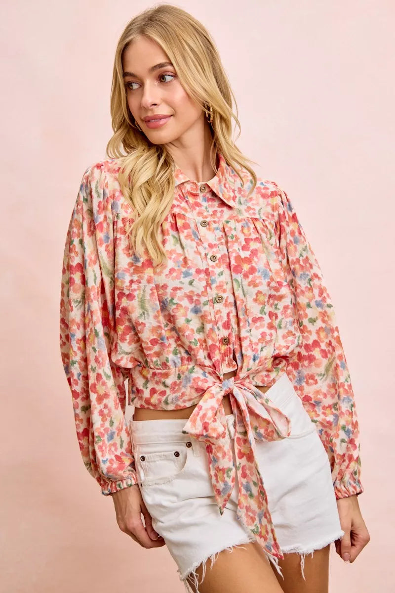 BiBi Floral Print Tie Hem Detail Crop Shirt