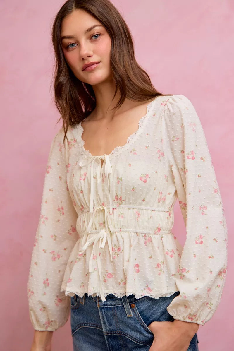 SO ME Floral Clip Dot Lace Trim Ruched Bodice Blouse