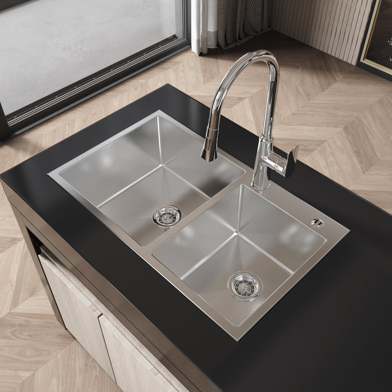 Stainless Steel Kitchen Sink, 32″x19″ Double Bowl in Brushed Nickel, Overmount Handmade Sink, with US Standard Drain and Hook, LS-SSBR03