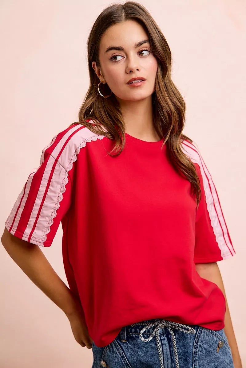 BiBi French Terry Side Lace Detail Short Sleeves Top