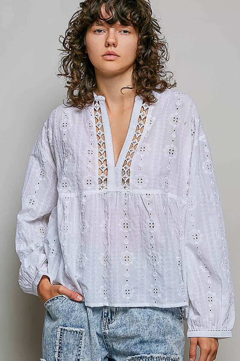 POL Lace Eyelet Long Sleeve Cotton Blouse