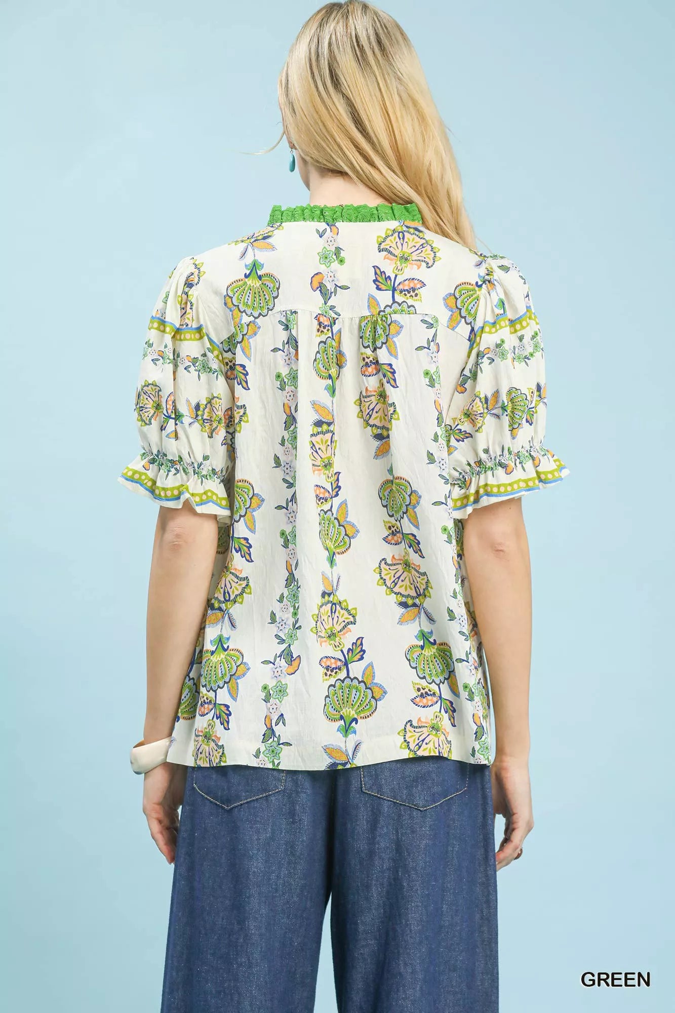 Umgee Abstract Border Print V-Neck Top