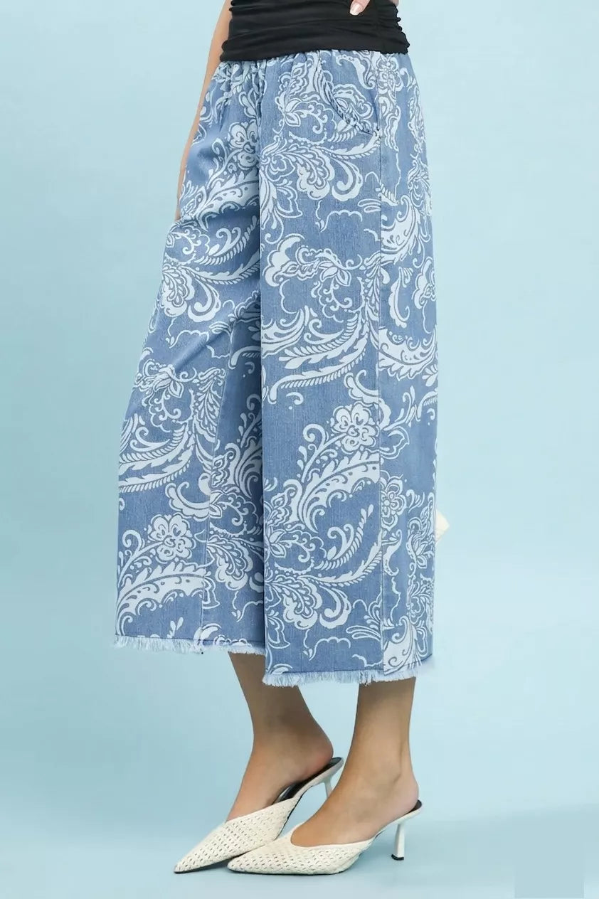 Umgee Stone Wash Wide Leg Crop Pants