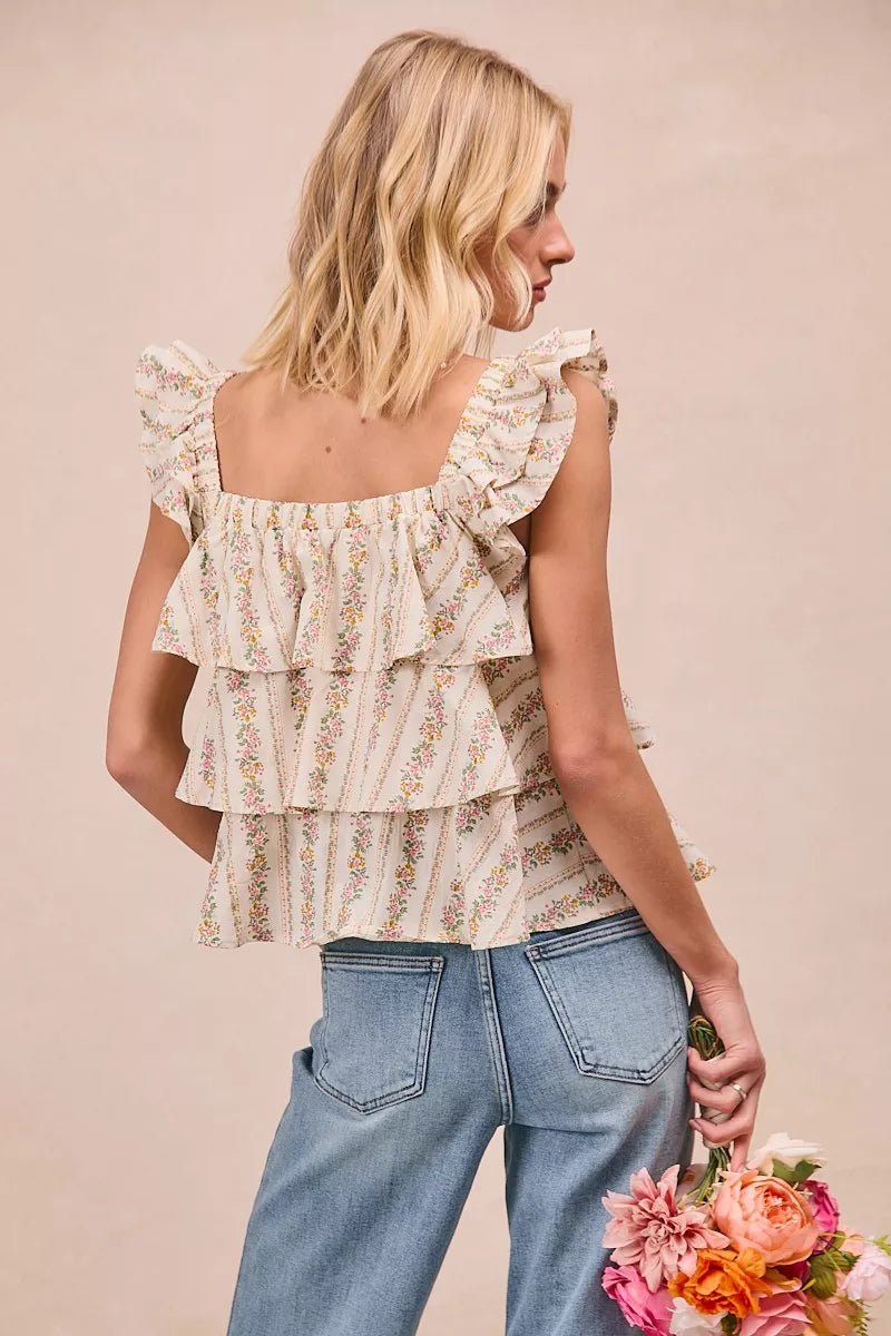BiBi Floral Printed Woven Front Bow Tied Ruffled Square Neck Sleeveless Top