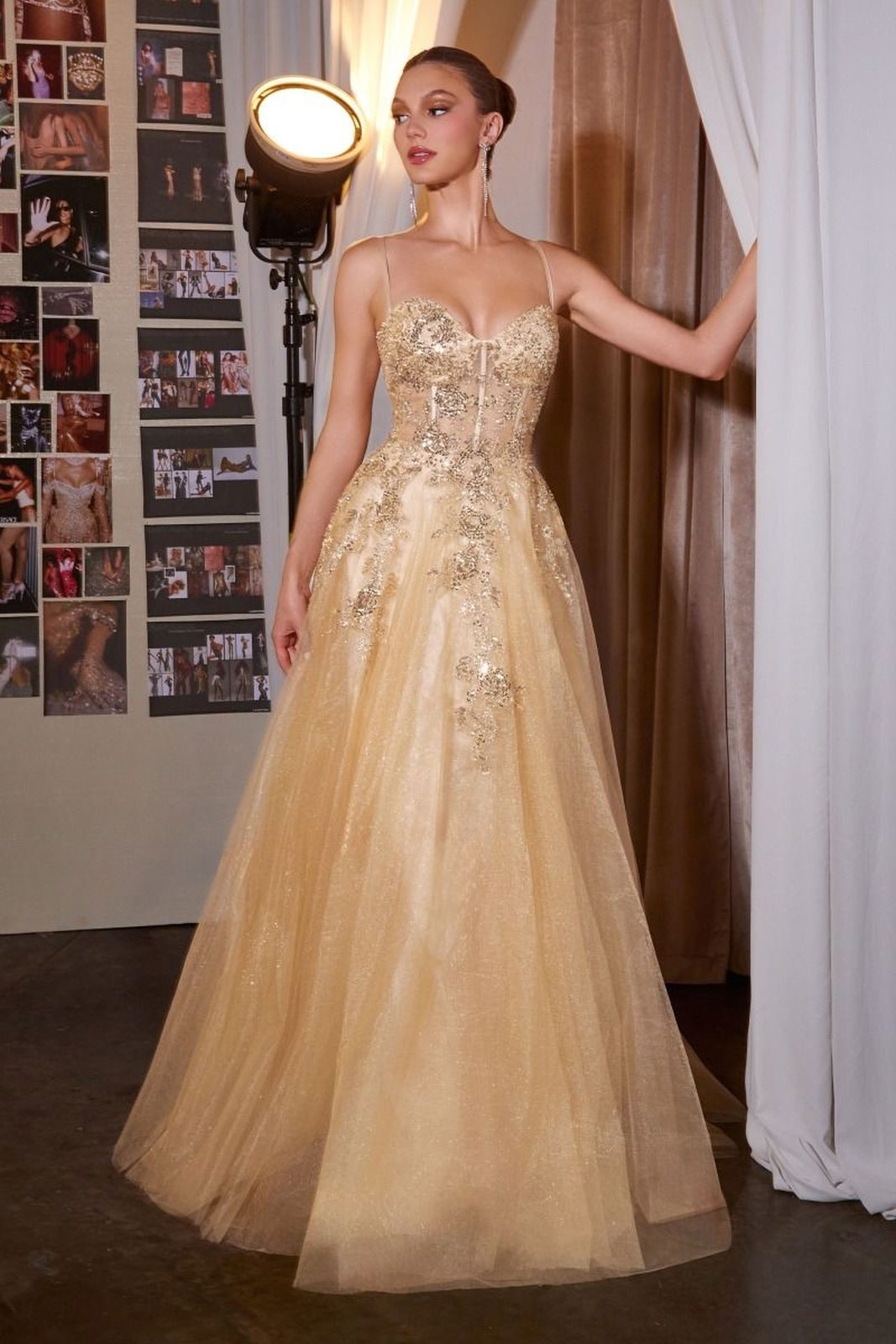 Ladivine C177 Floral Lace Applique A-Line Glitter Tulle Gown