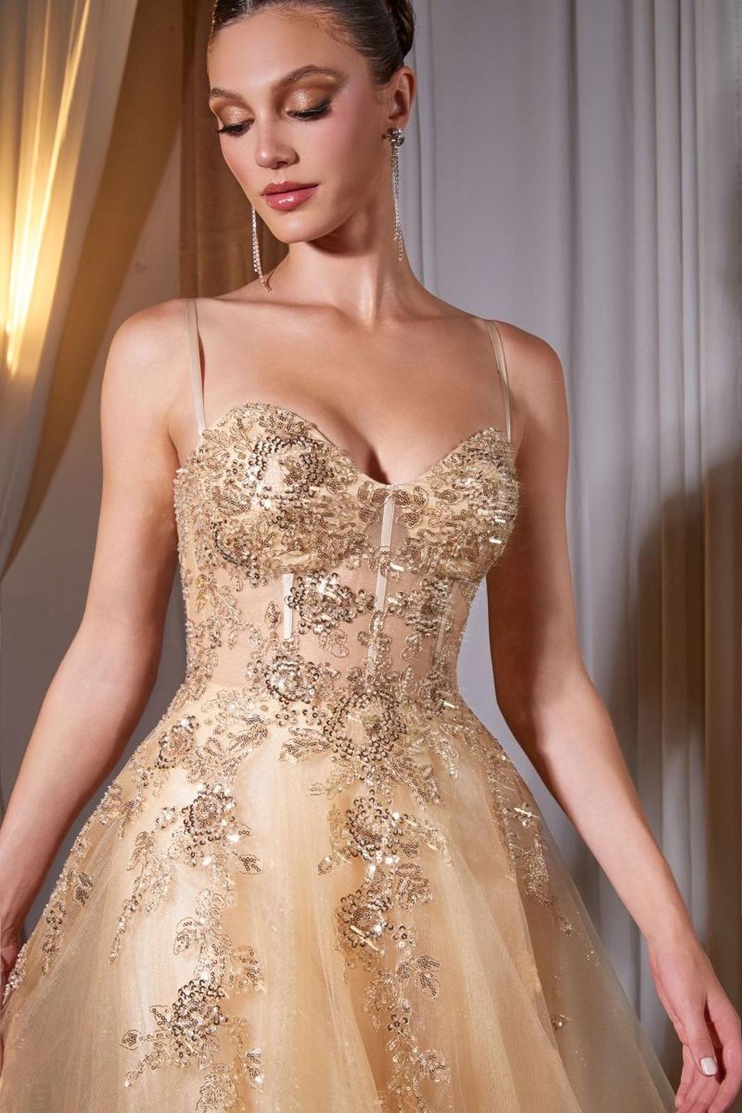 Ladivine C177 Floral Lace Applique A-Line Glitter Tulle Gown