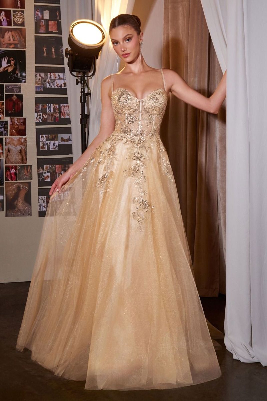 Ladivine C177 Floral Lace Applique A-Line Glitter Tulle Gown