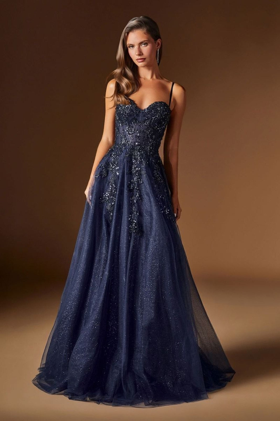 Ladivine C177 Floral Lace Applique A-Line Glitter Tulle Gown