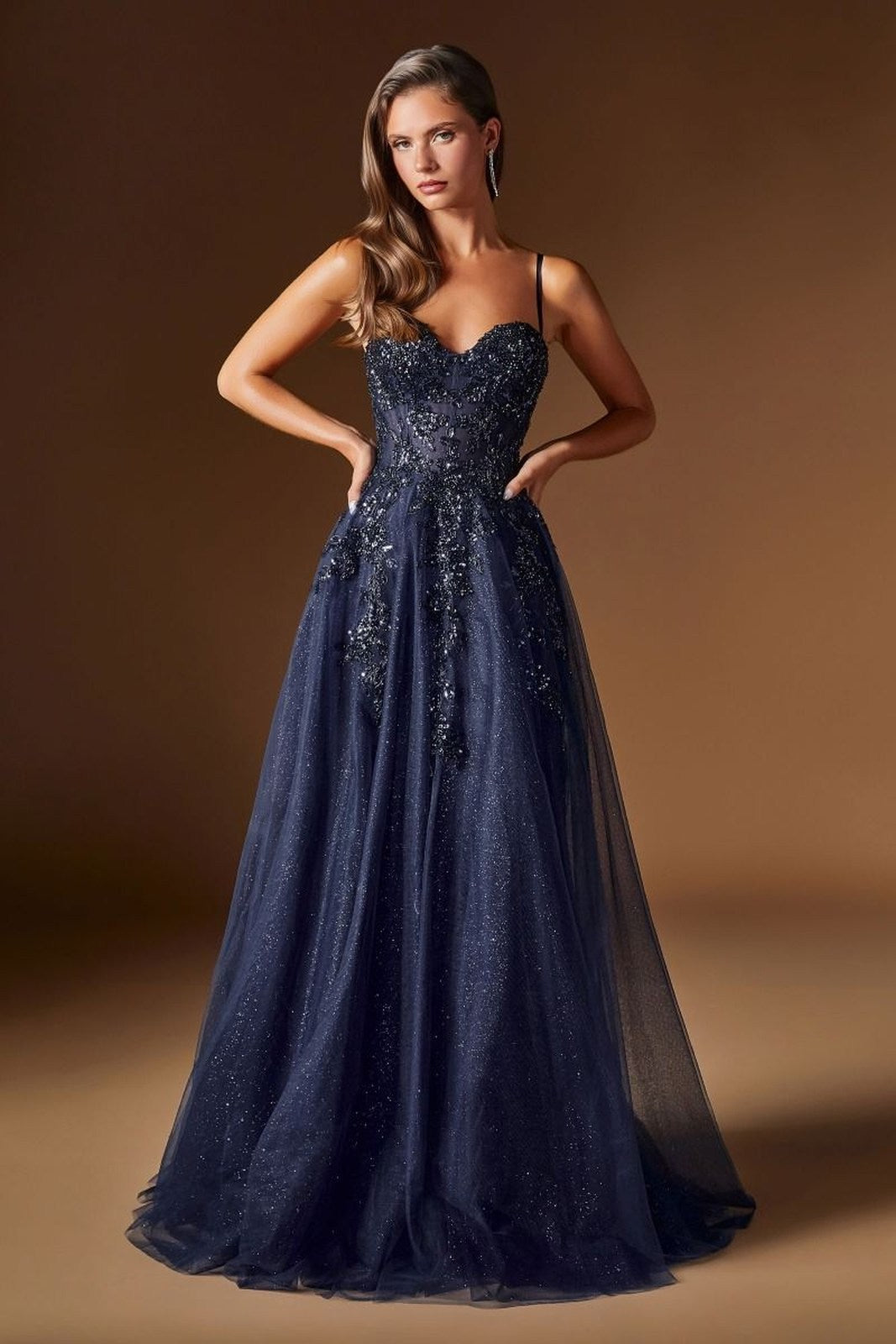 Ladivine C177 Floral Lace Applique A-Line Glitter Tulle Gown