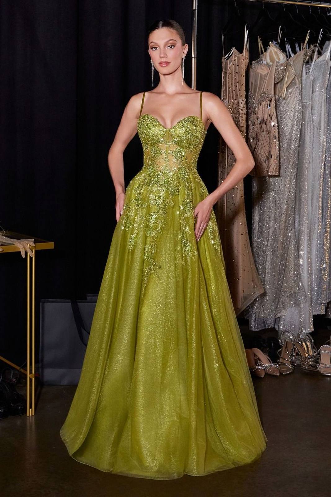 Ladivine C177 Floral Lace Applique A-Line Glitter Tulle Gown