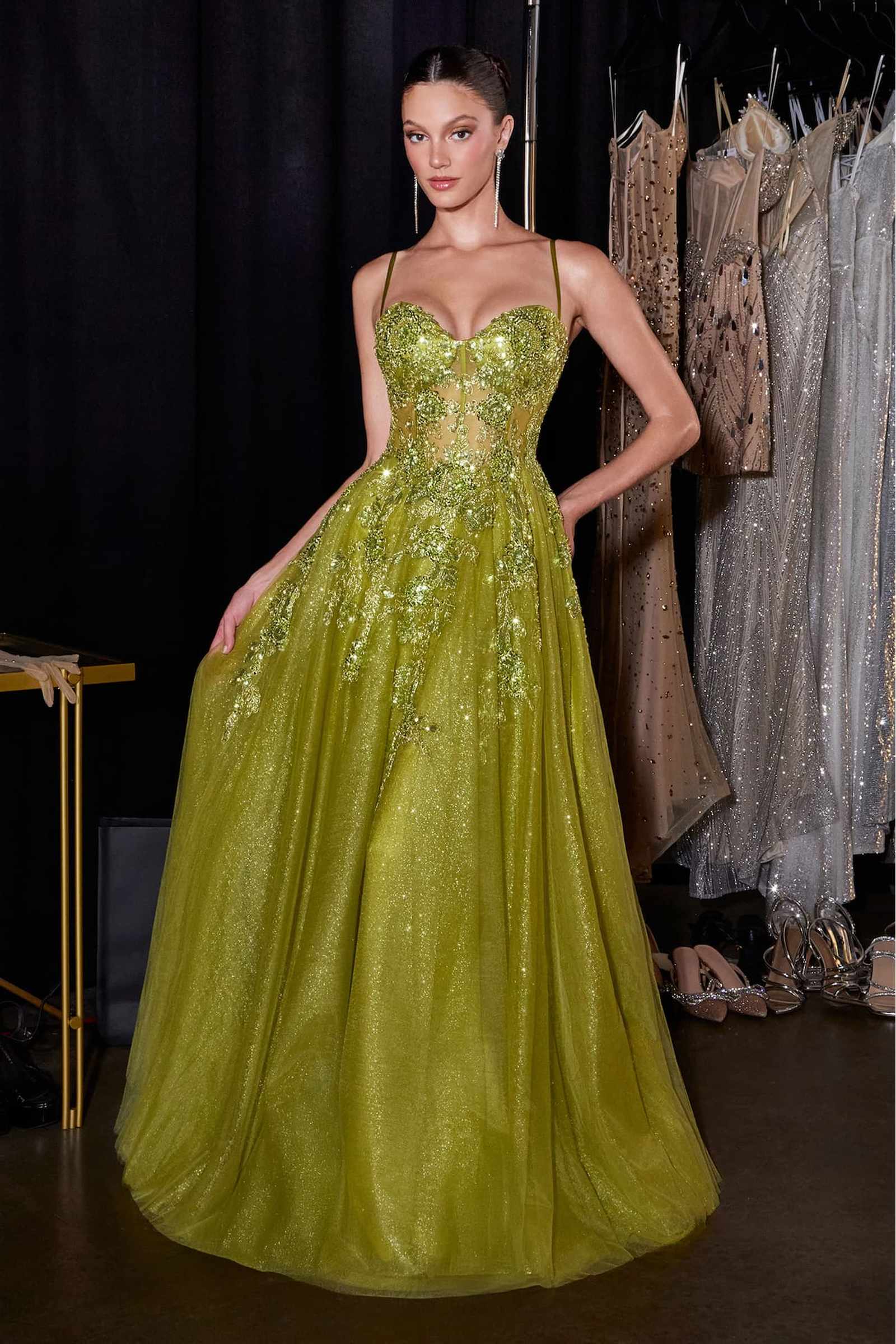 Ladivine C177 Floral Lace Applique A-Line Glitter Tulle Gown