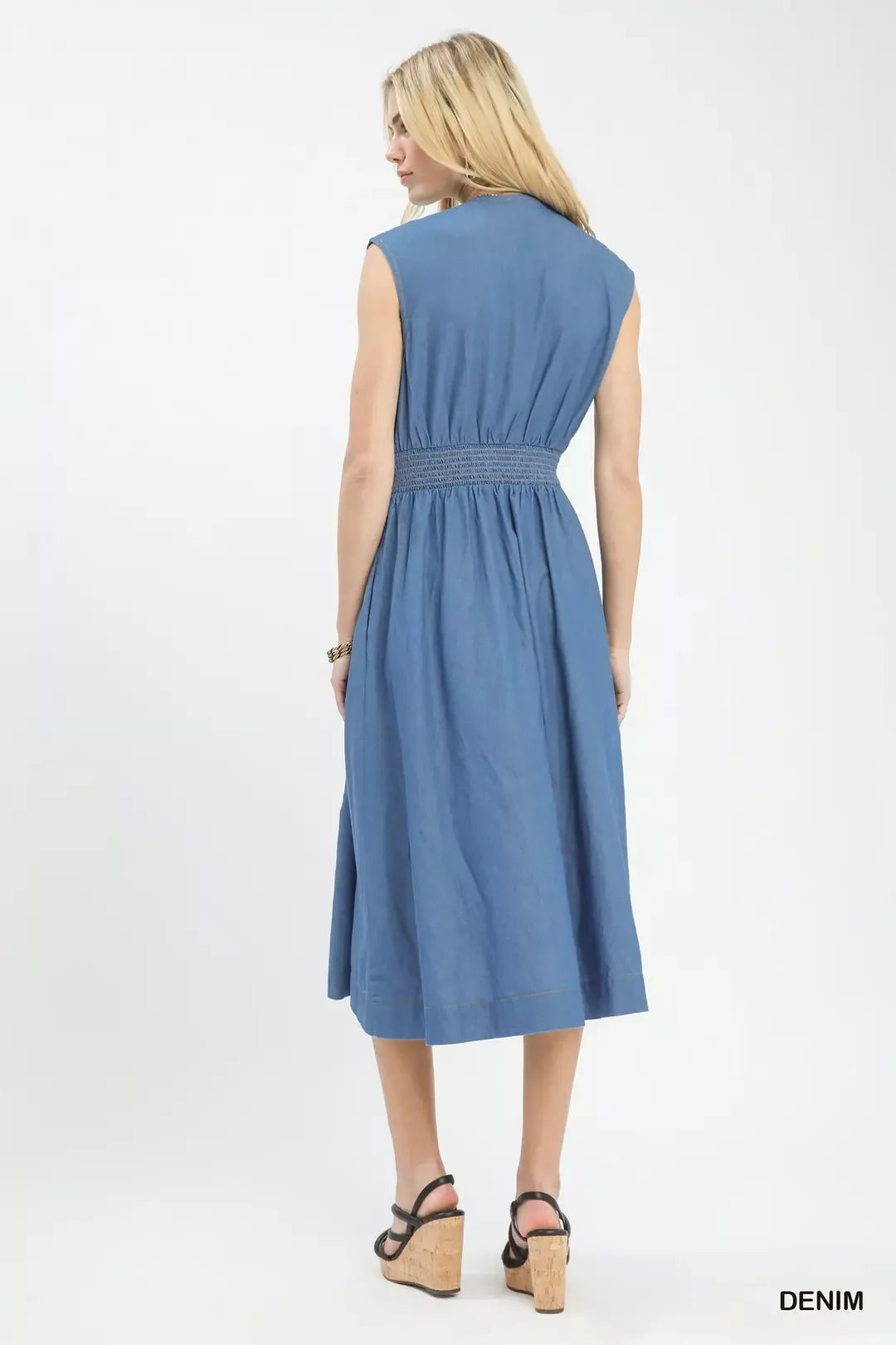 Umgee Denim Sleeveless Zip-Front Smocked Waist Midi Dress