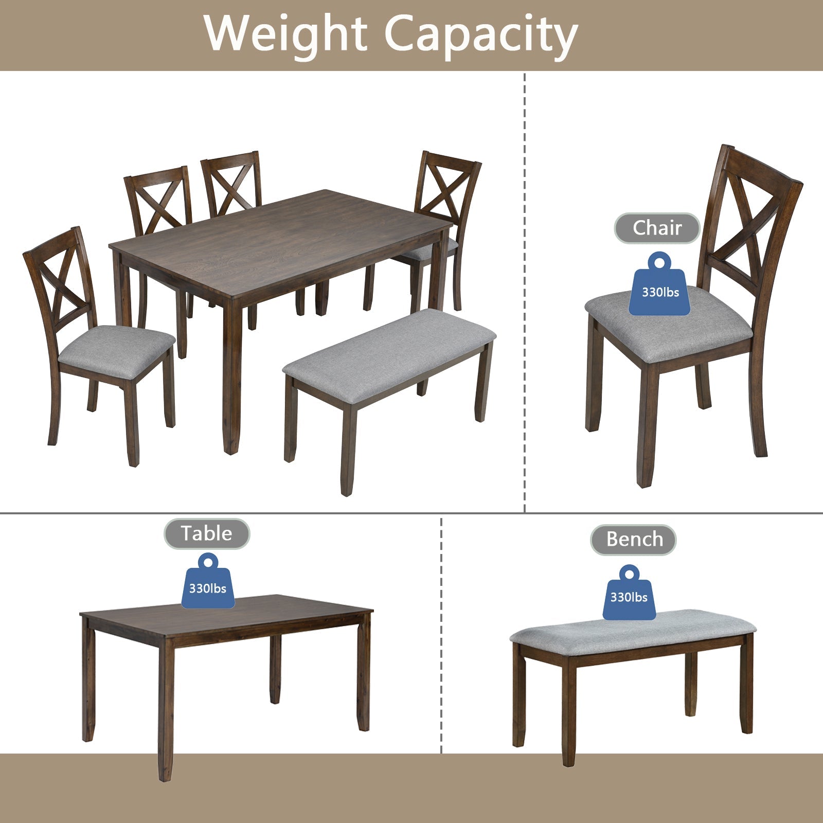 6PCs Kitchen Dining Set, Rectangular Wooden Dining Table with 4 Upholstered Chairs and a Bench, Dining Table Set for 6 People, Living Room, Home Bar and Kitchen, Walnut
