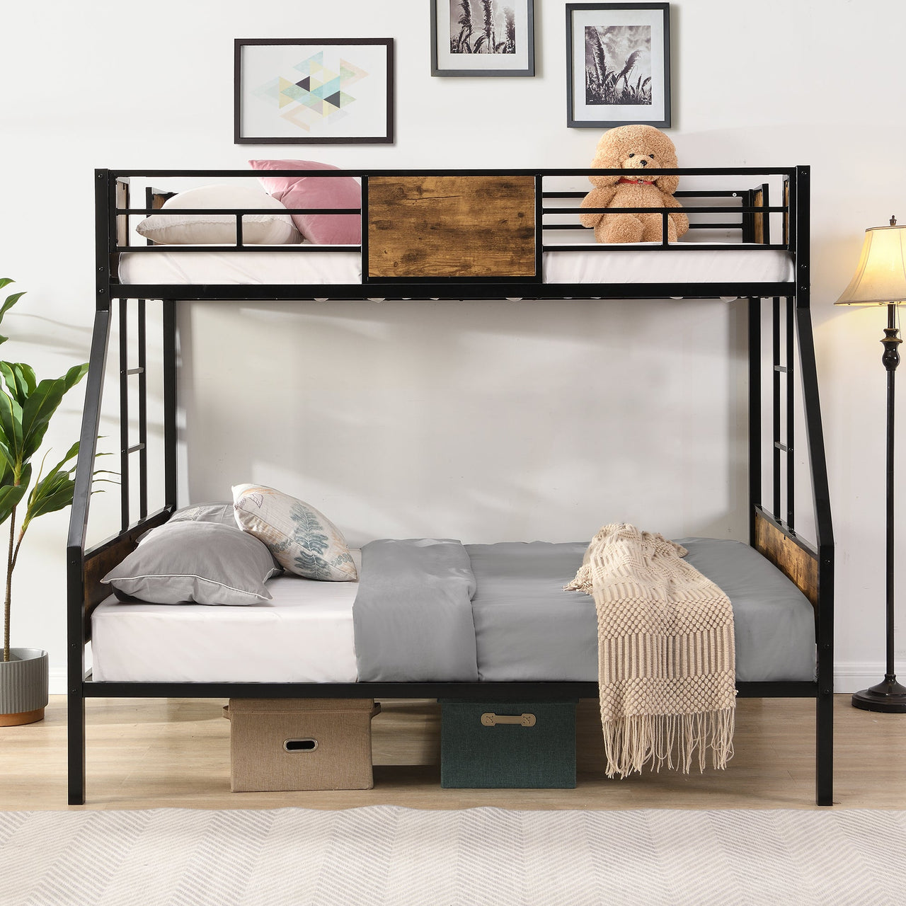 Modern Twin Over Full Metal Bunk Bed with 2-Side Ladder, Full-Length Guardrail, No Box Spring Needed, Black & Brown
