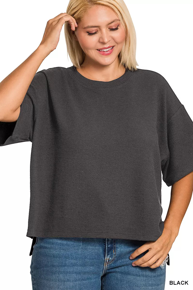 Zenana Full Size Double Knit Side Slits Hi Low Short Sleeve Top Plus Size