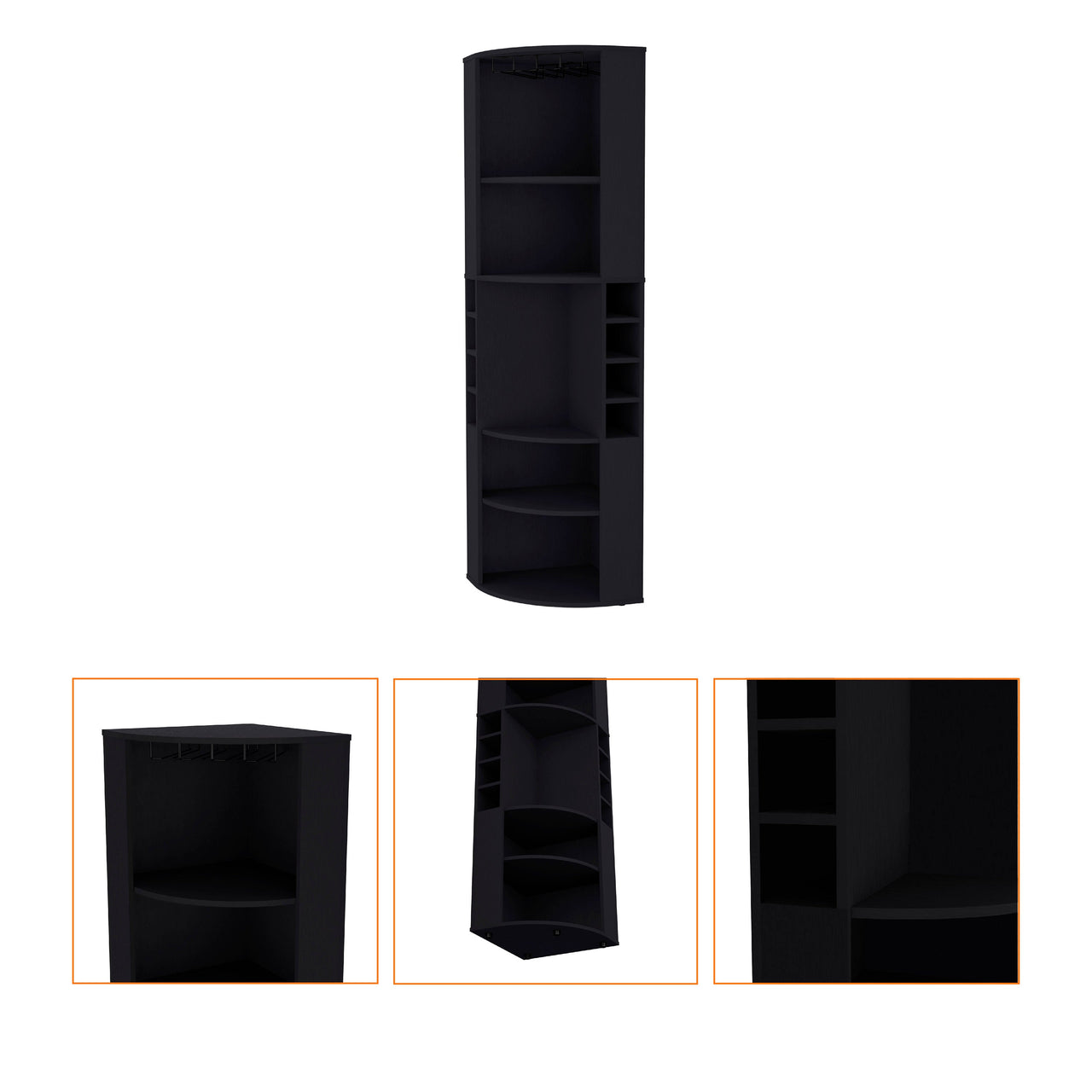 FM FURNITURE Clifton Corner Bar Cabinet, with 5 shelves,Cup Hanger and Eight Built-in Wine Rack, Black