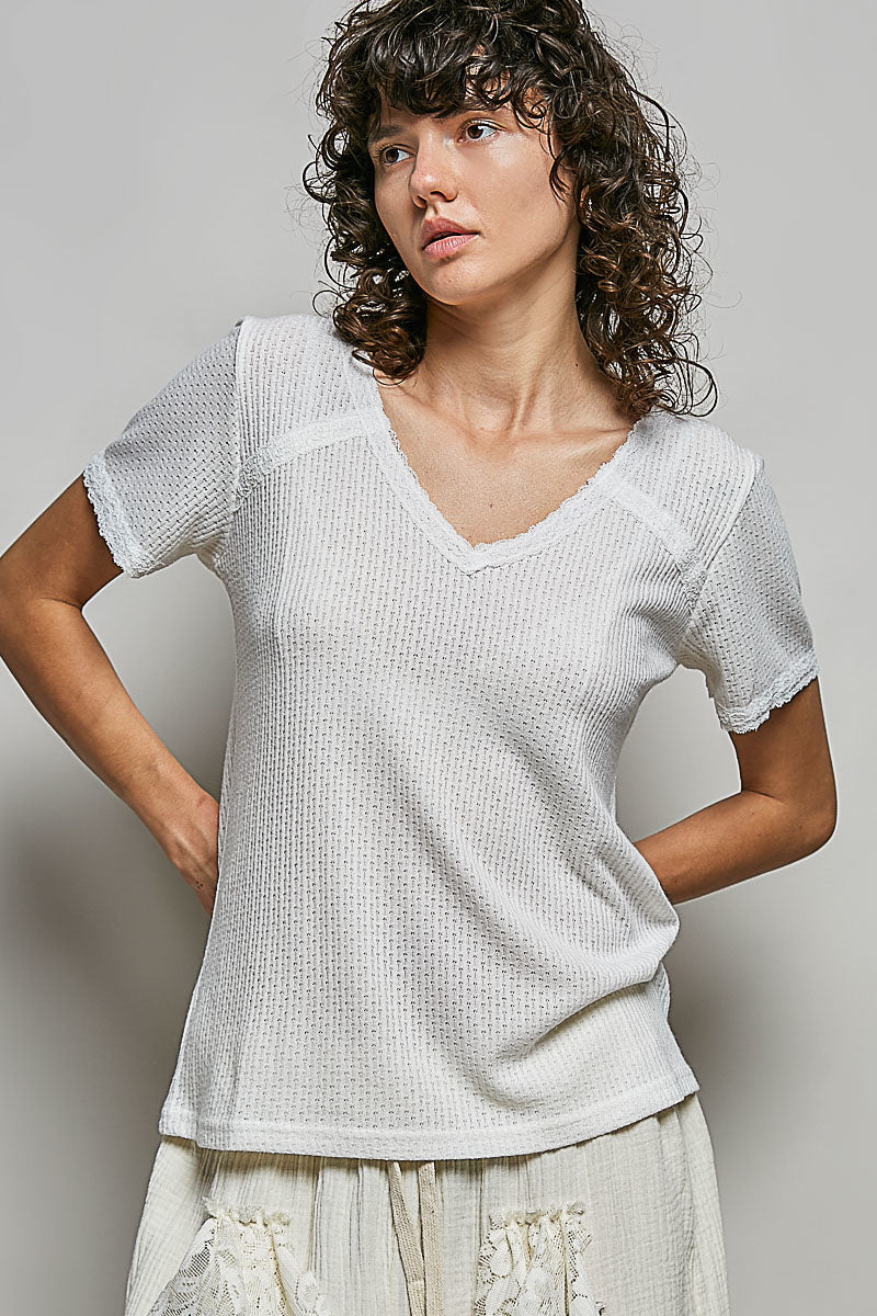 POL Lace Detail V-Neck Short Sleeve Textured T-Shirt