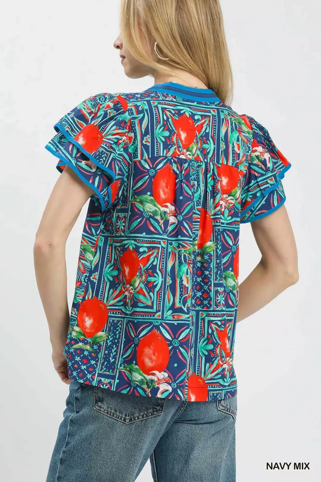 Umgee Abstract Print Flutter Sleeve Blouse