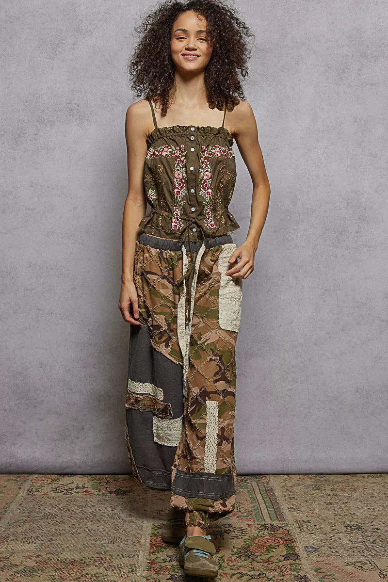POL Button Down Floral Embroidered Cropped Cami with Lace Detail