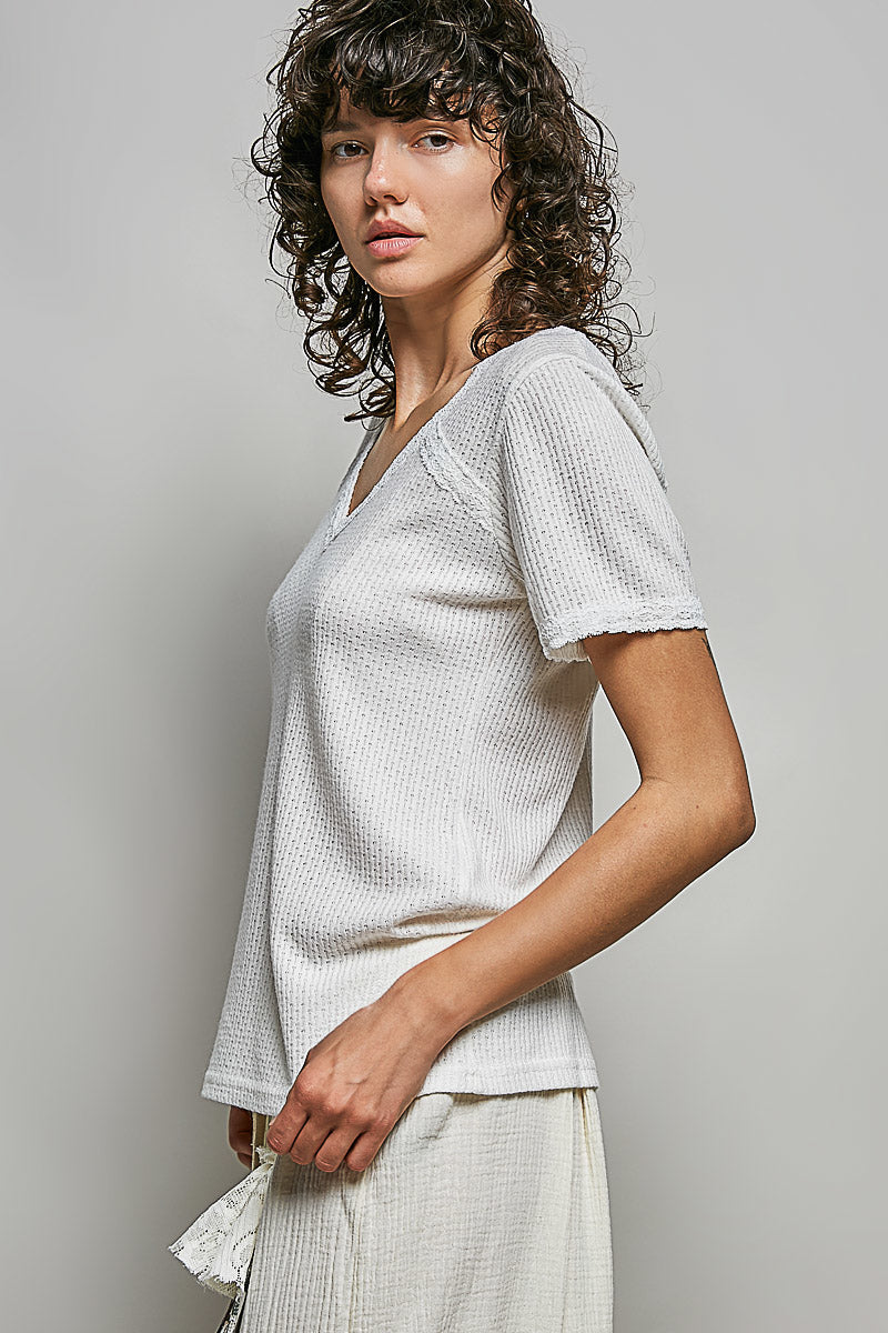 POL Lace Detail V-Neck Short Sleeve Textured T-Shirt