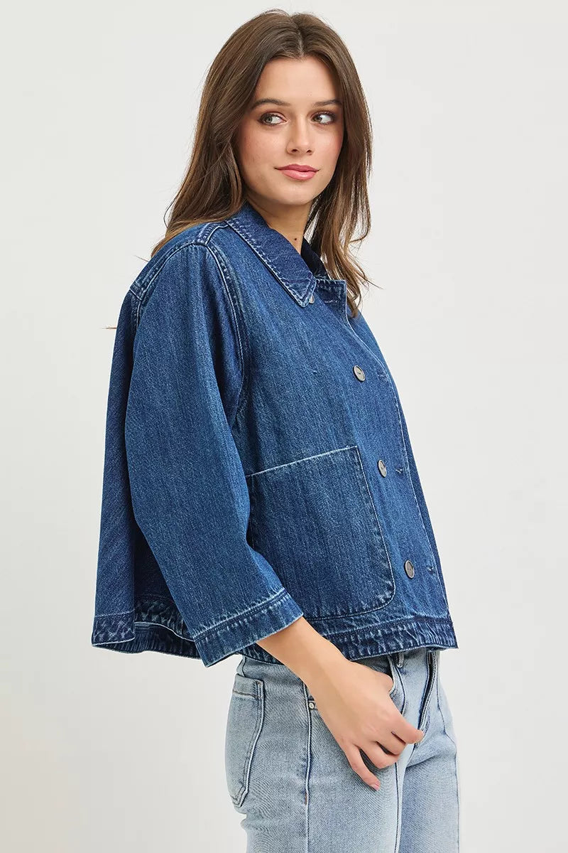 RISEN Double-Breasted Flowy Cropped Denim Jacket