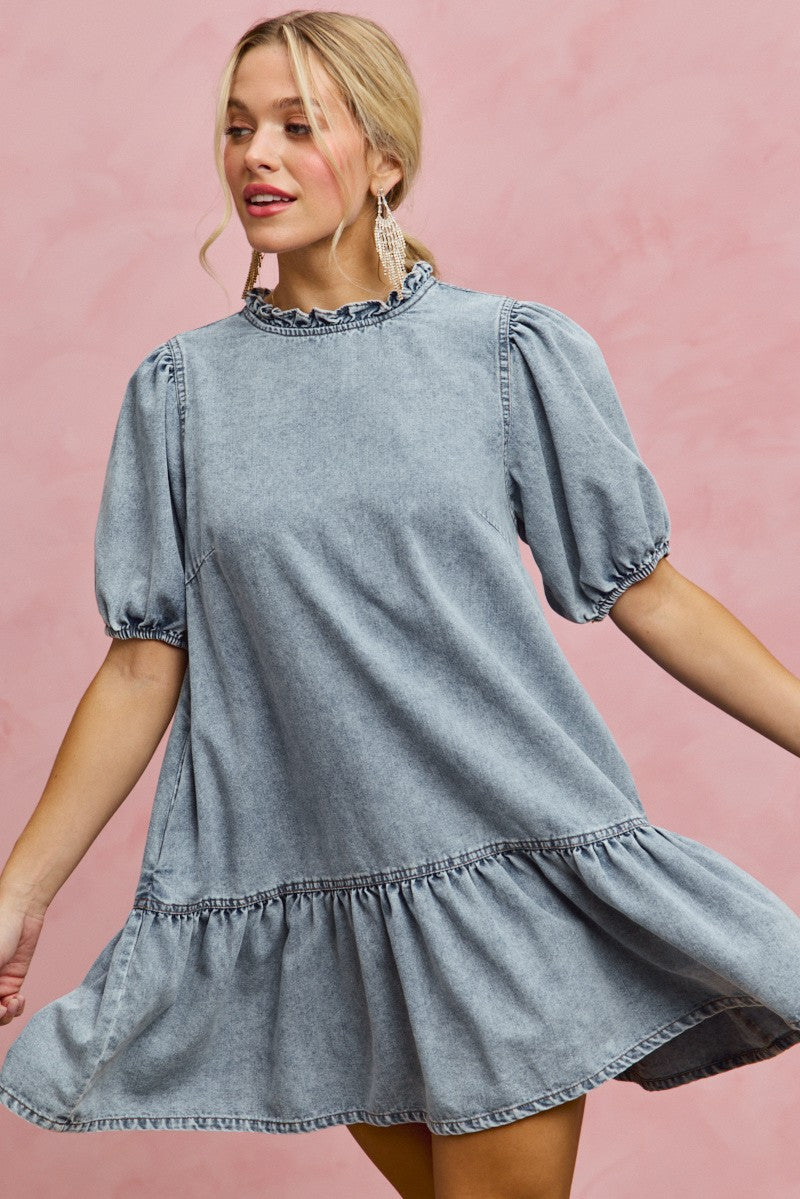 SO ME Denim Short Sleeves Mini Tiered Dress