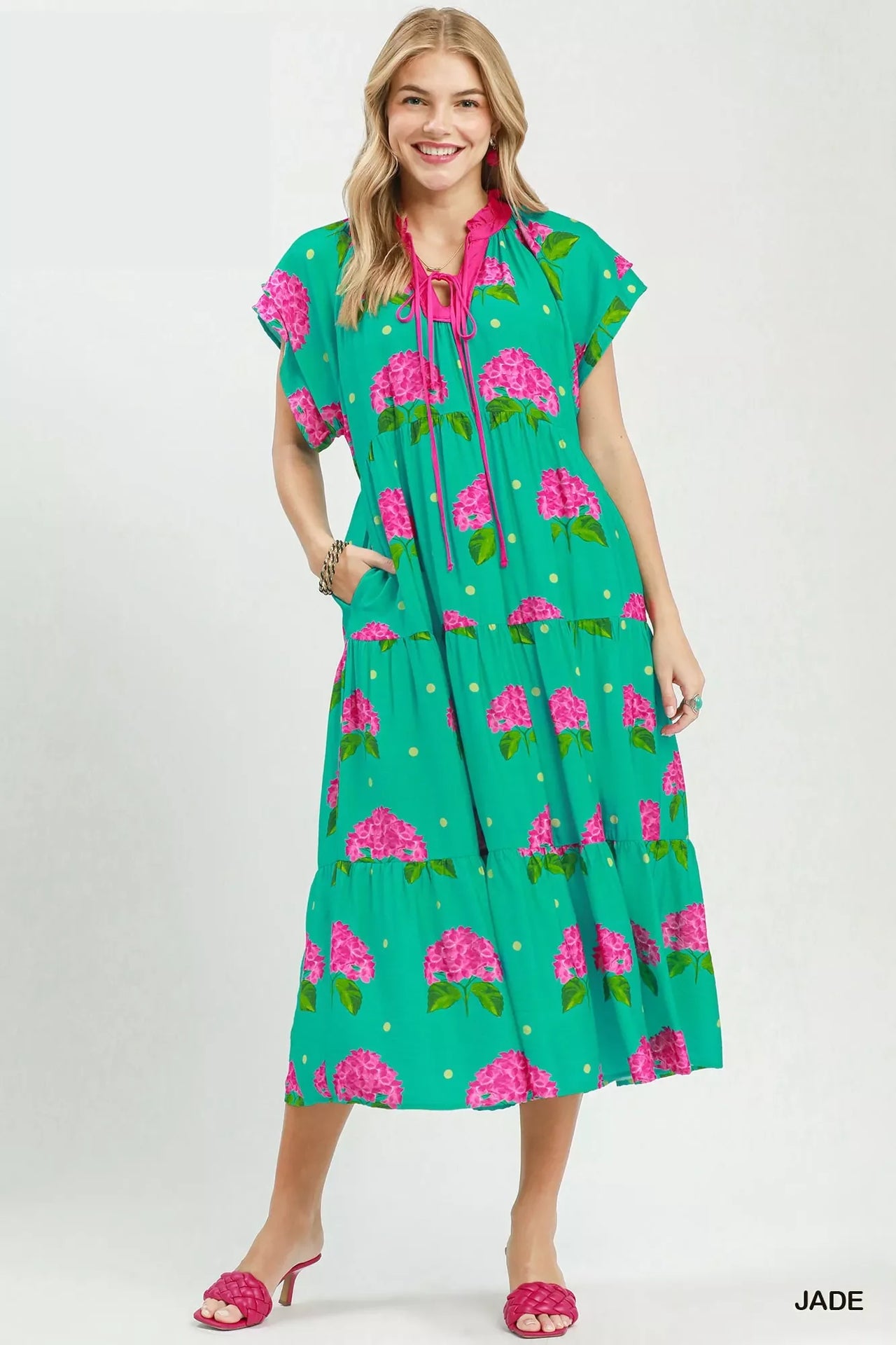 Umgee Hydrangea Print Tiered Midi Dress