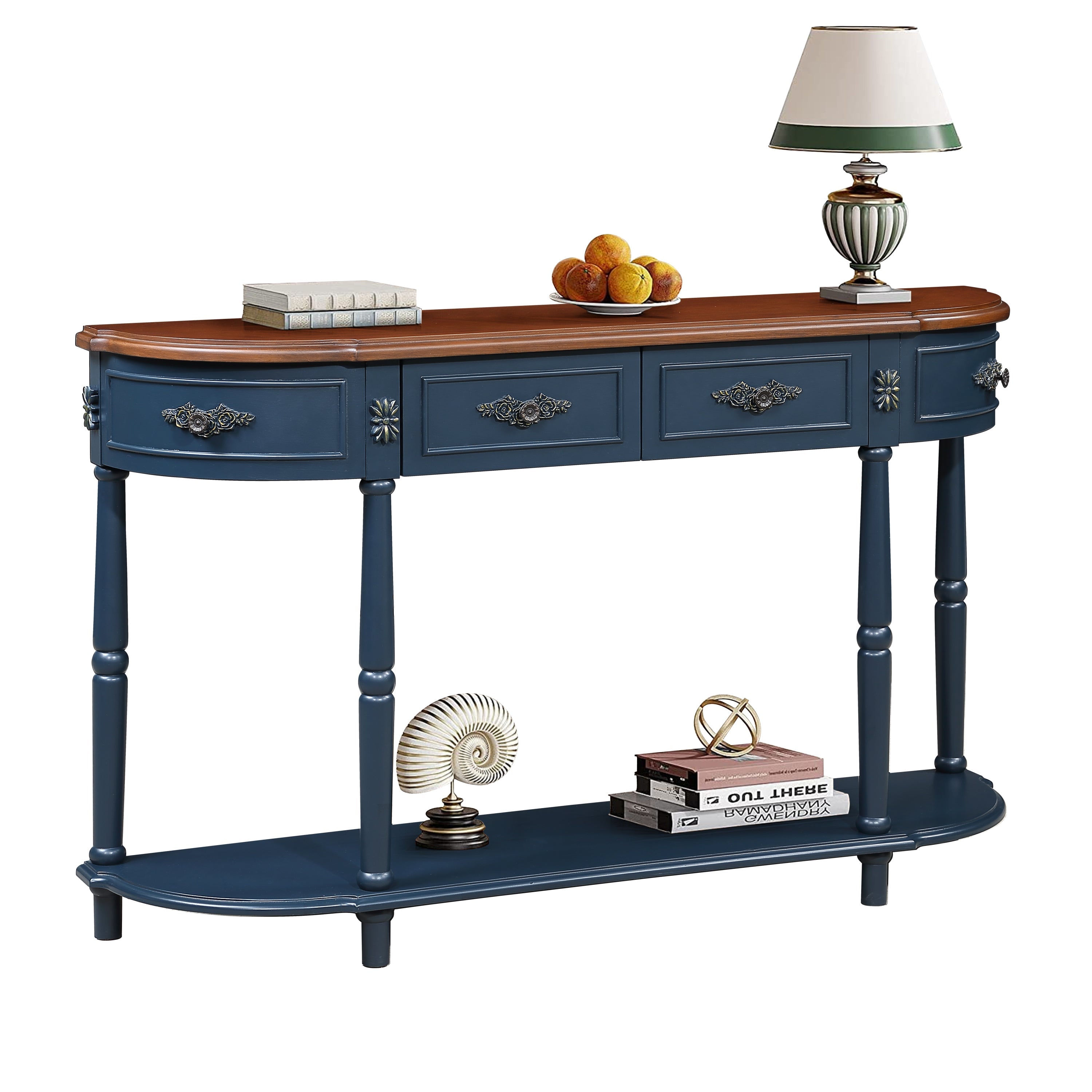 Retro Curved Wood Console Table, 52 inch Circular Half Moon Sofa Table with Open Shelf and 2 Drawers, Solid Wood Entry Table for Living Room, Hallway, Navy Blue + Brown Top