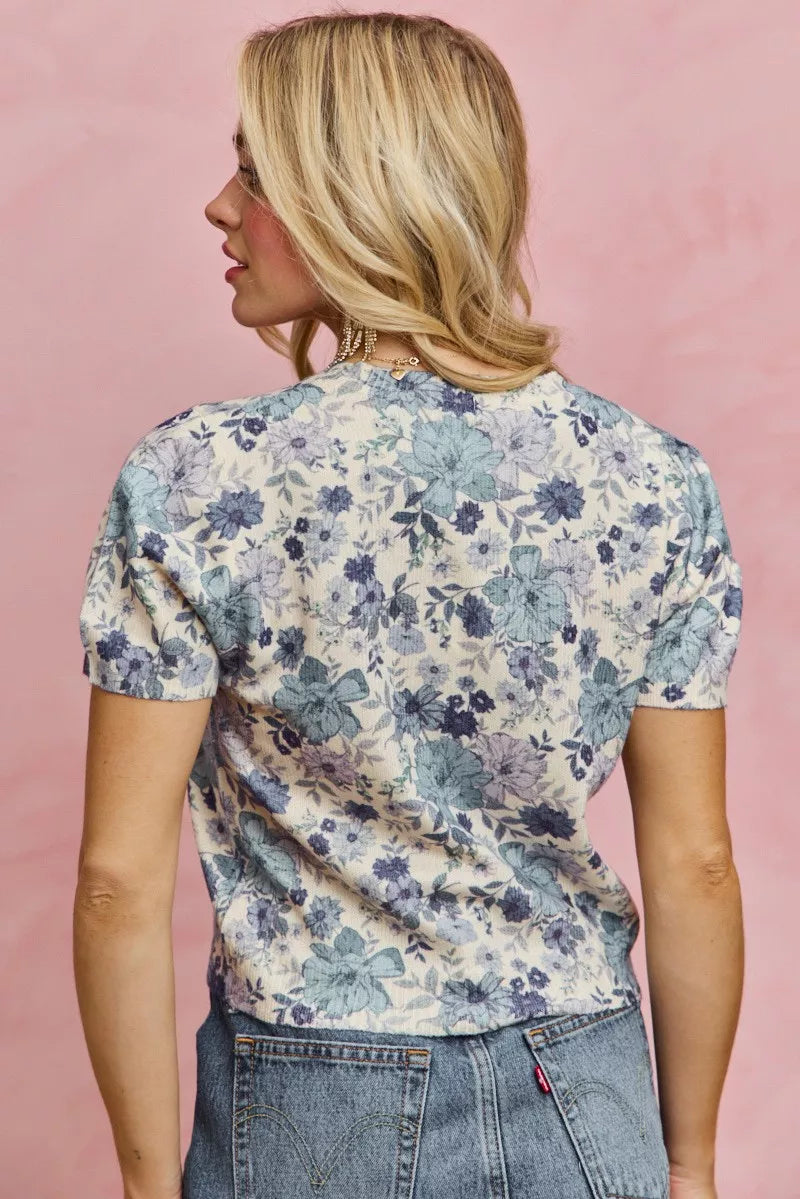 SO ME Floral Print Short Sleeves Sweater Knit Top
