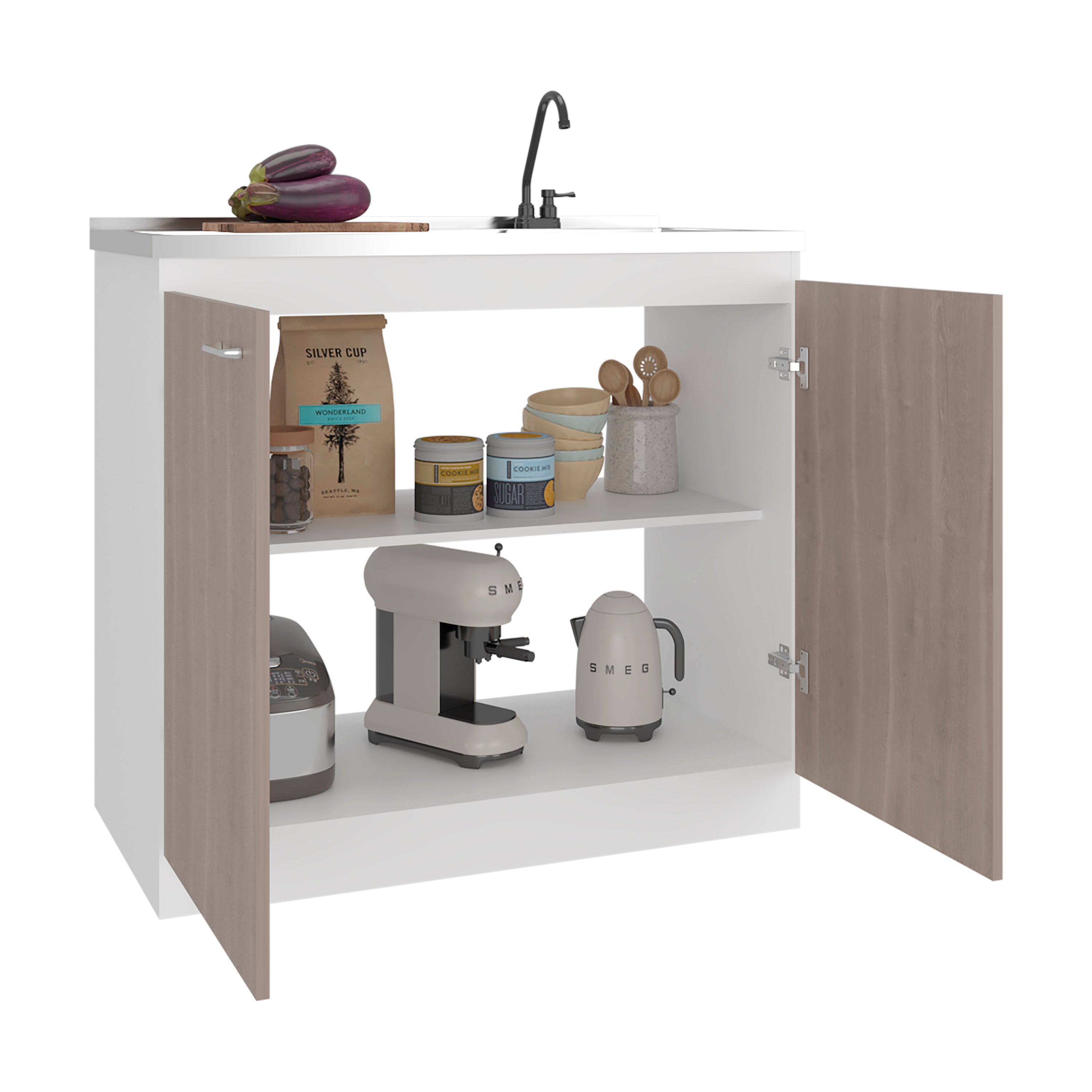Salento Freestanding Sink, Double Door Cabinet, Two Shelves, White / Ligth Grey