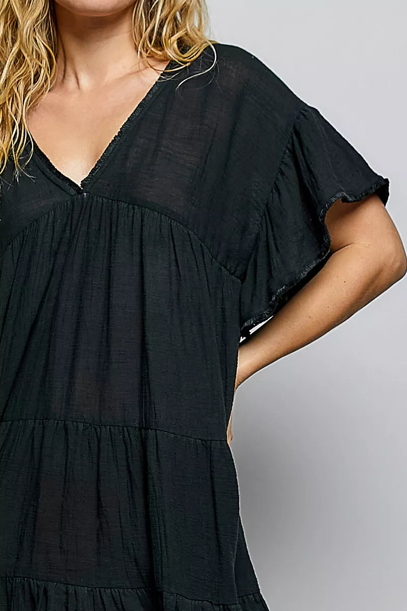 POL Ruffle Shirred V-Neck Short Sleeve Cotton Dress