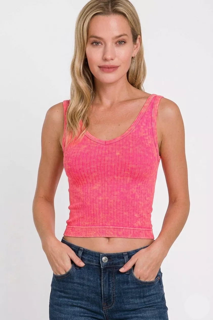 Zenana Washed Ribbed Seamless Cropped V-neck Tank Top
