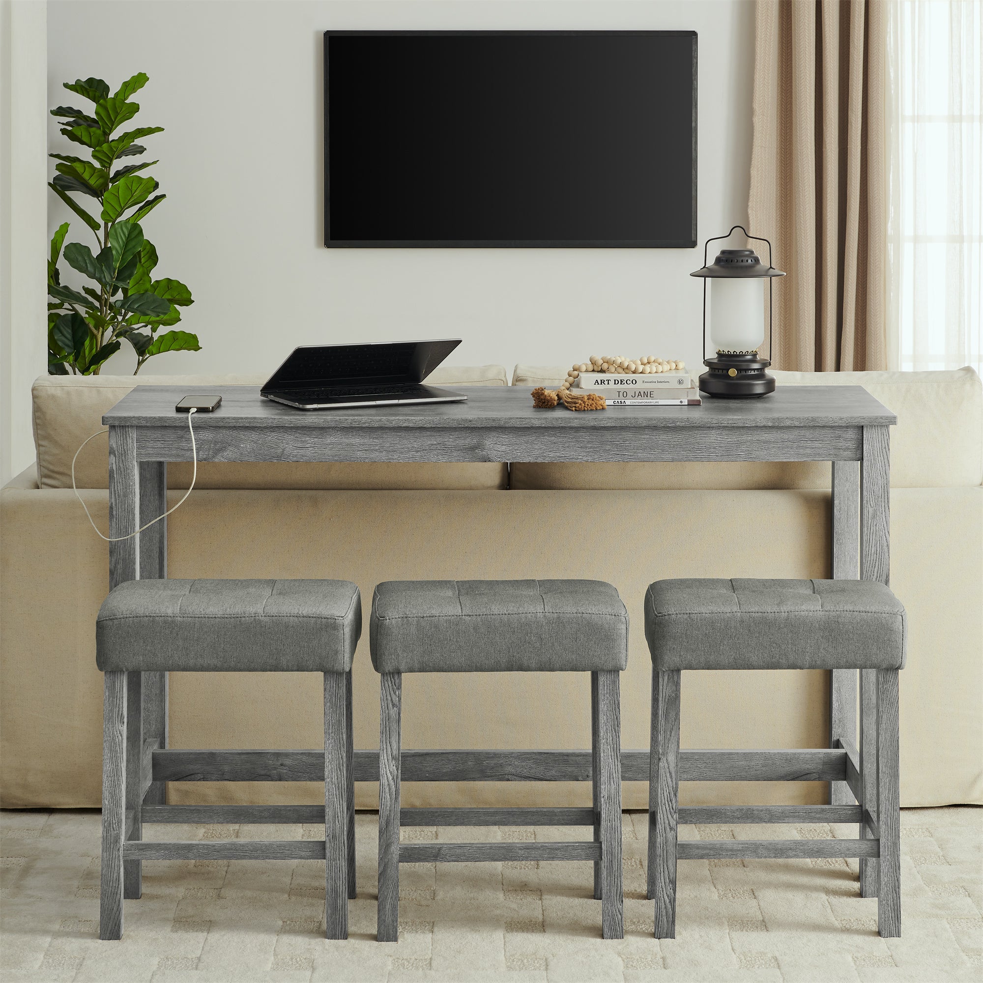 59 Inch Bar Table, Dining Table, Sofa Table with Power Outlet, 3 Upholstered Stools, 4 Piece Bar Table and Chair Set for Living Room, Dining Room, Kitchen